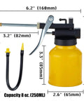 JUNCHI hand pump oiler can with 8 oz capacity, yellow body and long metal spout.