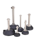 Rock Solid Adjustable Furniture Leveling Feet With Swivel Base And Articulating Design For Wobble Free Support M8 Through M20 Threads in various heights with rubber padding.