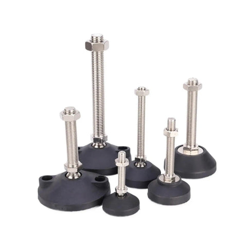 Rock Solid Adjustable Furniture Leveling Feet With Swivel Base And Articulating Design For Wobble Free Support M8 Through M20 Threads in various heights with rubber padding.