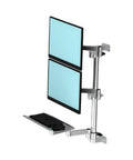 Upgrade Your Desk Game With This Heavy Duty Dual Monitor Arm Stand supporting two screens in silver finish with attached keyboard.