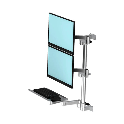 Upgrade Your Desk Game With This Heavy Duty Dual Monitor Arm Stand supporting two screens in silver finish with attached keyboard.