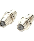 M12 A Coded 5 Pin Female To Female Coupler Panel Mount IP67 Shielded Bulkhead, set of 2 rugged circular connectors.