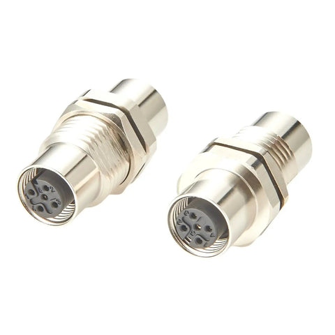 M12 A Coded 5 Pin Female To Female Coupler Panel Mount IP67 Shielded Bulkhead, set of 2 rugged circular connectors.