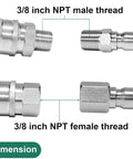 Front and side views of 3/8 in NPT male and female quick-connect fittings, chrome metal, 8-piece pressure washer kit