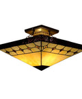 Tiffany Style Two Light Craftsman Semi Flush Ceiling Light With Antique Art Glass Shade In Beige, perfect for cozy traditional decor.