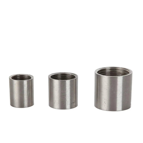 Three stainless steel BSPT female pipe couplers, varying sizes, for Stainless Steel BSPT Female Round Pipe Coupler Connector Set One Eighth To Four Inch For Water Lines Compatible With SS201 SS304 SS316 Fittings Multi Size Pipe Fitting Adapter.