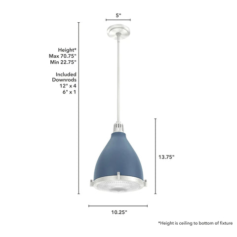 Indigo Blue Pendant Light With Holophane Glass Shade For Kitchen Living Room Foyer And Dining Area Durable Steel Or Aluminum Fixture Modern Pendant Lighting With Premium Finish And Dope Yet Casual Upscale Vibe, shown with dimensions