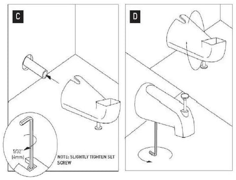 Diagram showing installation of Slip On Tub Diverter Spout 5 Inch Oil Rubbed Bronze Pull Up Diverter Half Inch Slip Fit Set Screw
