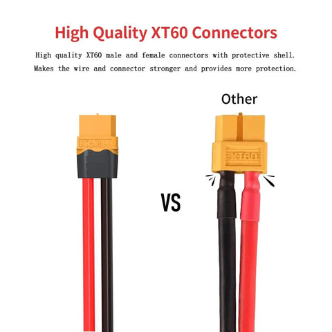 Comparison of high-quality XT60 connectors for XT60 To XT30 Adapter Cable Set 4 Pieces 12 AWG with protective shell.
