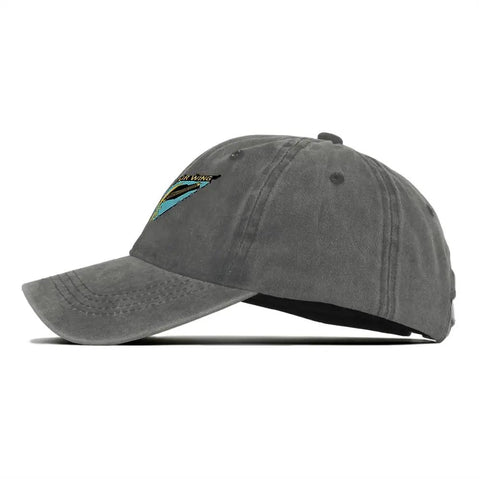 Side view of Washed Cotton Baseball Cap With Carrier Air Wing 16 Insignia One Size Grey Military Inspired Navy Aviation Hat