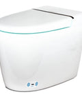 Next Level Tankless Smart Toilet With Auto Open Lid And Foot Kick Sensor Features Five Zone Heated Seat Plus Quick Dry Air Blower Dual Flush Options Ambient Night Glow Remote Control For No Fuss Bathroom Setups side view of modern design in sleek white finish.