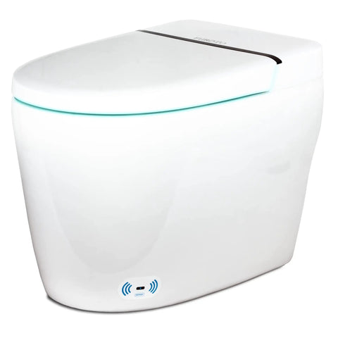 Next Level Tankless Smart Toilet With Auto Open Lid And Foot Kick Sensor Features Five Zone Heated Seat Plus Quick Dry Air Blower Dual Flush Options Ambient Night Glow Remote Control For No Fuss Bathroom Setups side view of modern design in sleek white finish.