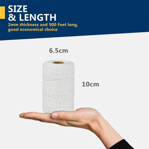 Hand holding cotton butcher twine 2mm 500 feet food safe kitchen string for cooking up roasting gift wrapping crafts
