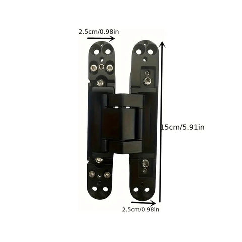 2 Pack Adjustable Cross Style Hidden Door Hinges for sleek concealed look, showing dimensions 15cm x 2.5cm, black finish