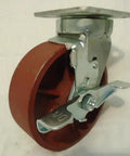 Six Inch Heavy Duty Ductile Steel Caster Set Kingpinless Wheel Brakes with red rubber tread and swivel locking mechanism.