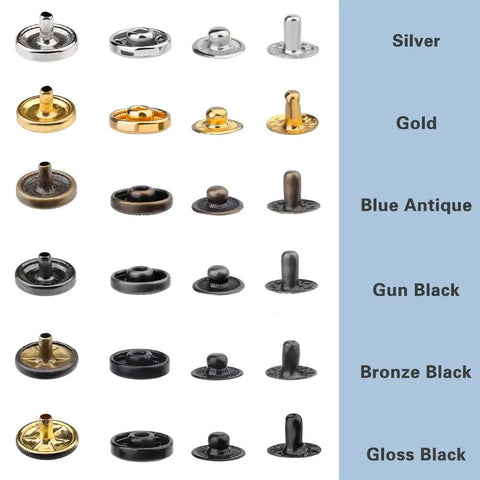 120 Sets Snap Fasteners Kit With 10mm Metal Snaps, Rubber Hammer, And 4 Setting Tools In 6 Colors For Fabric Clothes Jackets Jeans Bags And Leather DIY Projects, showing various snap colors.