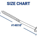 Illustration of 10 Inch Structural Wood Screws Size 14 Lag Screws with hex washer head, showing dimensions in a size chart.