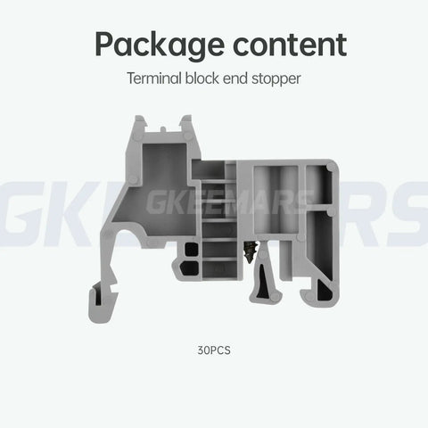 Gray DIN Rail Terminal Block End Stopper Set with Screw Clamp Type End Brackets for 35mm Wide Rails, Pack of 30