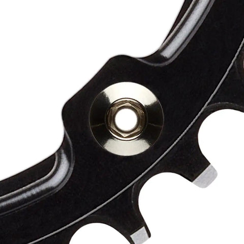Close-up of Single Chainring Bolt Set 5 Pack In Aluminum Or Steel For 4 Or 5 Bolt Chainrings emphasizing bolt insertion point.