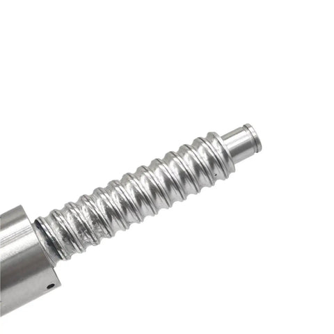 Close-up of SFU1204 Rolled Ball Screw With 22mm Ball Nut BK10 BF10 End Machined for CNC showing right hand thread and smooth rod surface