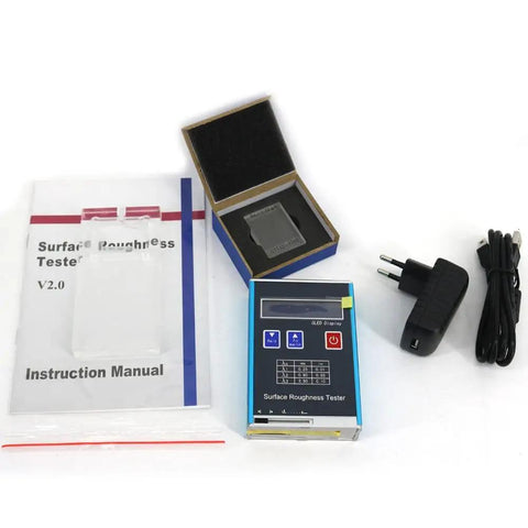 Portable Roughness Tester Surface Profile Gauge With Digital Readout, Handy Surftest Profilometer shown with accessories and manual.