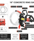 Rugged 16 Inch Concrete Ring Saw With Beefy 12000 Watt Motor Adjustable Wet Cutting Depth For Brick Stone Tile And Demolition Jobs Cuts Like Butter Comes With Premium Diamond Blades And Cooling Pump tool layout with features and accessories.