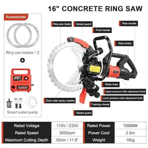 Rugged 16 Inch Concrete Ring Saw With Beefy 12000 Watt Motor Adjustable Wet Cutting Depth For Brick Stone Tile And Demolition Jobs Cuts Like Butter Comes With Premium Diamond Blades And Cooling Pump tool layout with features and accessories.
