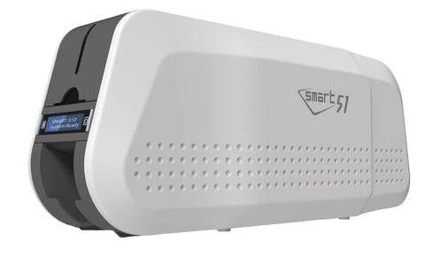 Heavy Duty Id Card Printer Kit Featuring Slick Edge To Edge Color Duplex Prints And Bulletproof Metal Frame Field Upgradeable To Lamination Plus Optional Magstripe Or Contactless Smart Encoding For Boss Level Employee Badges, shown from the side.