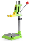 Ycauty Adjustable Mini Bench Drill Press Stand with 360 Degree Rotation, green and yellow tool, solid steel base for home use.