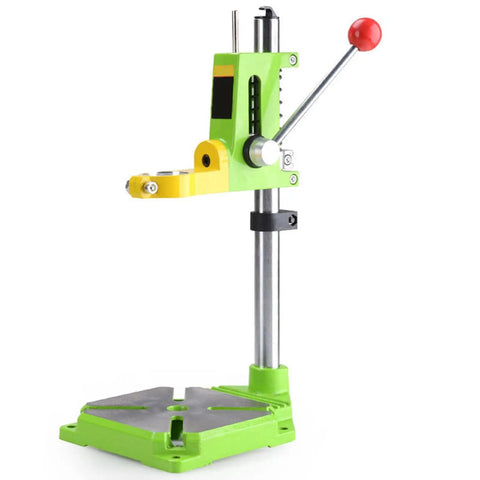 Ycauty Adjustable Mini Bench Drill Press Stand with 360 Degree Rotation, green and yellow tool, solid steel base for home use.