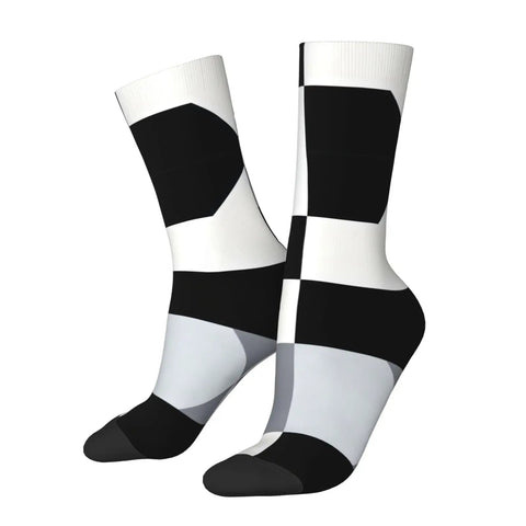 Upgrade Your Fit With Black And White Piano Grid Print Socks For Men And Women Moisture Wicking Polyester Crew Socks in a stylish grid pattern.