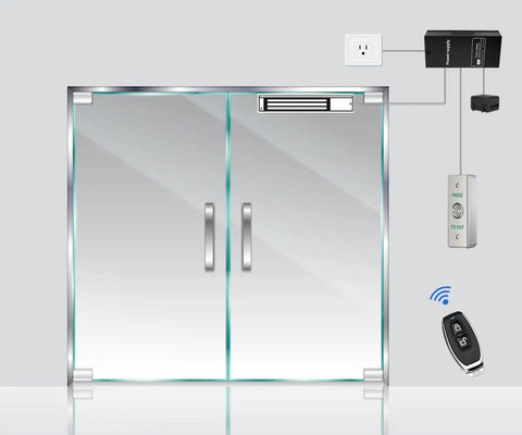 Heavy Duty Door Access Control System With 1200lb Magnetic Lock Kit Four Remote Controls Stainless Steel Exit Button And 165 Foot Remote Range For Smooth Secure Entry visible on glass doors