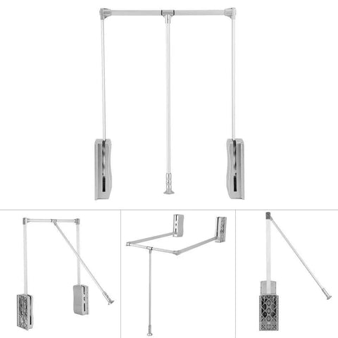 Adjustable Pull Down Closet Rod 35 to 48 Inches, Heavy Duty Aluminum Wardrobe Lift Rail, side mounted view and details.