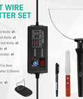 Foam cutter set, 10-in-1 hot-wire kit with digital voltage controller; black handheld pen tool with blades and accessories.