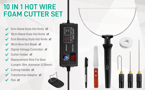 Foam cutter set, 10-in-1 hot-wire kit with digital voltage controller; black handheld pen tool with blades and accessories.