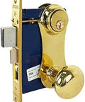 RHR Double Cylinder Iron Gate Mortise Lock Set With Ornamental Knob Plate Two and a Half Inch Backset Polished Brass Finish