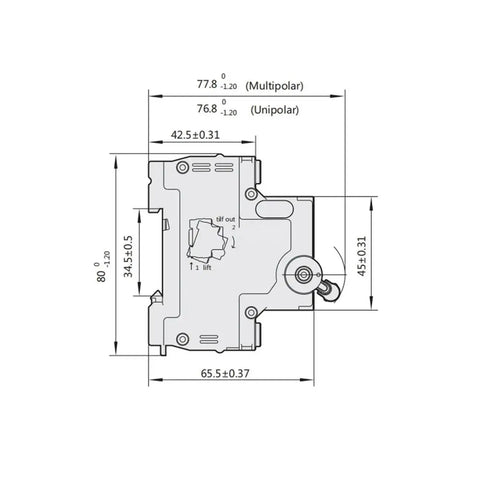 Technical drawing of Rock Solid 4 Pole Miniature Circuit Breaker Optimized For 230 And 400 Volt AC Systems.