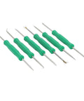 Six Piece Pro Grade Solder Helper Tool Set For Electronics Repair with green handles and double-sided hardened tips, on white background.