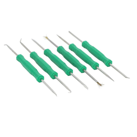 Six Piece Pro Grade Solder Helper Tool Set For Electronics Repair with green handles and double-sided hardened tips, on white background.