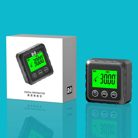 Dope Angle Finder With Magnetic Base PT180 for Woodworking, shown with digital display and packaging on blue background