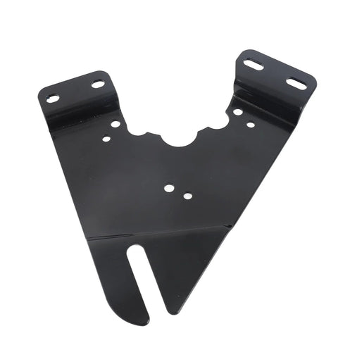 Black iron electric motor mounting plate for bicycle hub motor with multiple mounting holes.