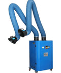 Heavy Duty Mobile Welding Fume Purifier With Dual Arm Extraction Setup and Manual Ash Cleanup, blue metal frame with dual hoses.
