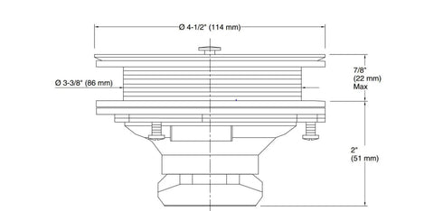 Technical drawing of Duostrainer Kitchen Sink Drain With Basket Polished Brass Solid Brass Construction Fits Three And A Half Inch Or Four Inch Outlets Removable Basket With Open And Close Stopper No Tailpiece Included Easy Install