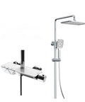 RIBEUJIZS Digital Shower System with thermostat, premium all-copper, silver finish, and handheld sprayer installed.
