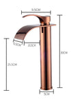 Waterfall Single Lever Vessel Lavatory Basin Tap In Rose Gold Oil Rubbed Bronze Finish with dimensions for modern bathrooms
