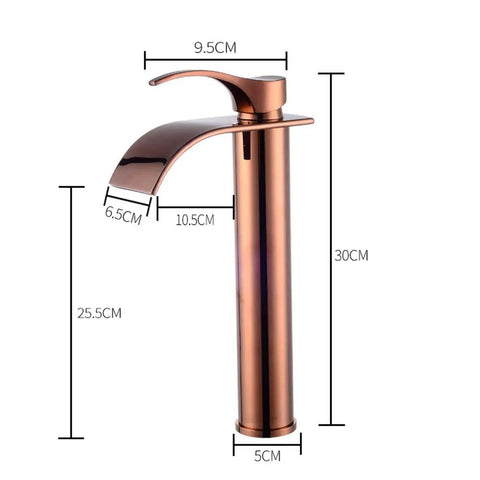 Waterfall Single Lever Vessel Lavatory Basin Tap In Rose Gold Oil Rubbed Bronze Finish with dimensions for modern bathrooms