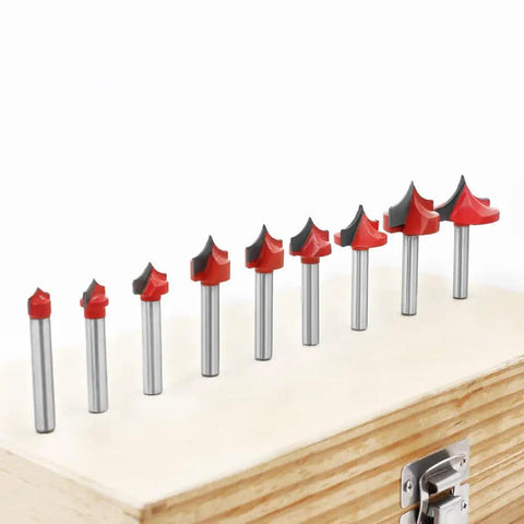 Heavy Duty Router Bit With 6mm Shank For Smooth Round Edge Cutting And Profiling Woodworking Milling Cutter Tool arranged on a wood base.