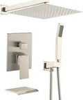 All In One Shower System With Rain Head Waterfall Tub Spout And Handheld Shower, 12 Inch Rain Faucet Set, Wall Mounted Valve