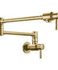Pot Filler Wall Mounted Faucet With Double Jointed Swing Arm And Two Lever Handles In Brass, Brushed Dark Gold PVD Finish
