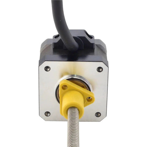 Close-up of NEMA 17 Linear Stepper Motor 1.5A with 6.35mm lead screw, viewed from the base, highlighting the metal and plastic parts.